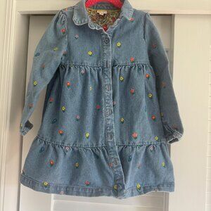 MINI BODEN Embroidered Floral Long Sleeve Denim Dress In Mid Vintage SIze 5-6